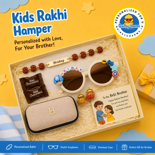 Personalized Kids Rakhi & Sunglasses Gift Hamper | Custom Name Rakhi with Sunglasses