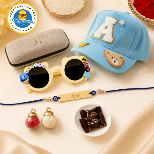 Personalized Superhero Rakhi Hamper with Cap & Sunglasses