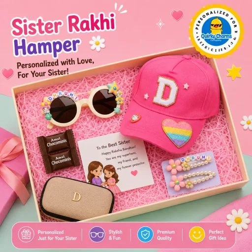 Personalized Sunshine Style Sister Rakhi Hamper with Cap, Sunglasses & Hair Clips
