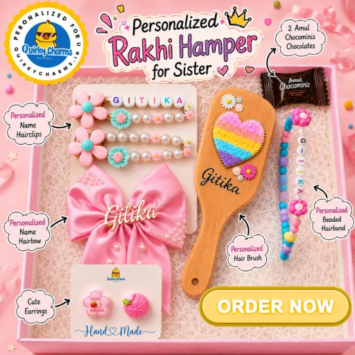 Personalized Princess Rakhi Hamper for Girls | Hair Accessories Gift Box with Hairbrush, Hairband & Earrings