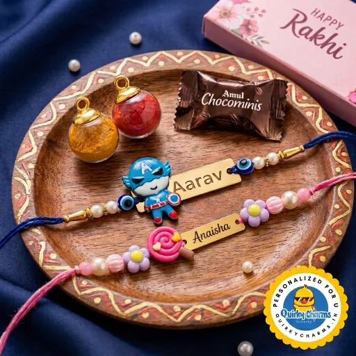 Bro-Sis Duo: Personalized Superhero & Candy Charm Rakhi Combo