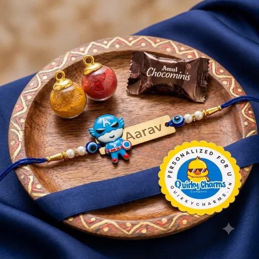 Personalized Superhero Rakhi with Engraved Gold Nameplate