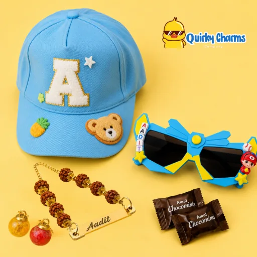 Rakhi Gift Hamper with Kids Sunglasses , Cap & Rudra Rakhi | Custom Name Raksha Bandhan Combo