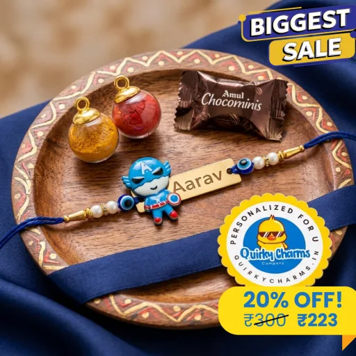Personalized Superhero Rakhi with Engraved Gold Nameplate
