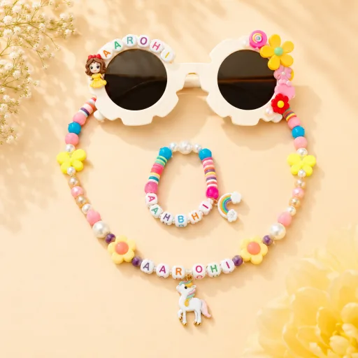Kids Flower Sunglasses Gift Set with Name Necklace, Bracelet & Unicorn Charm | Rakhi Special