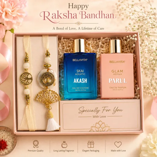 Raksha Bandhan Perfume Hamper for Bhaiya & Bhabhi | Rakhi, Lumba & Custom Fragrance Gift Set