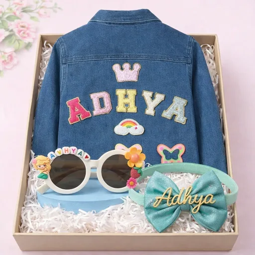 First Birthday Baby Glam Combo – Personalized Jacket, Sunglasses & Hairband