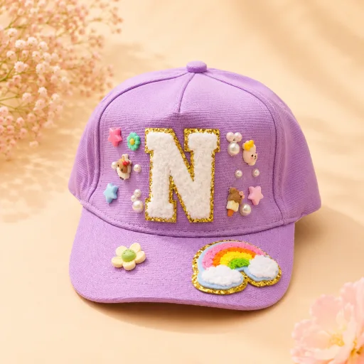 Kids Initial Cap with extra pearls and charms | Custom Name Cap for Boys & Girls Age: 5-12, 16, Color: Lavender