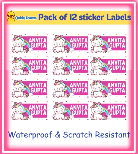 Transparent Waterproof Name Labels (Personalised) - 12 stickers Theme: Unicorn