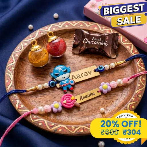 Bro-Sis Duo: Personalized Superhero & Candy Charm Rakhi Combo