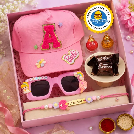 Personalized Little Princess Rakhi Hamper for Sister | Cap, Sunglasses & Name Rakhi Gift Box