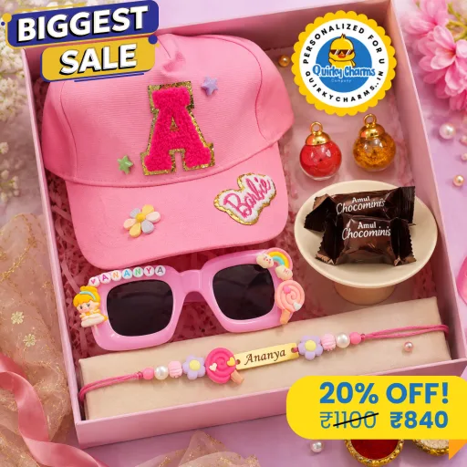 Personalized Little Princess Rakhi Hamper for Sister | Cap, Sunglasses & Name Rakhi Gift Box