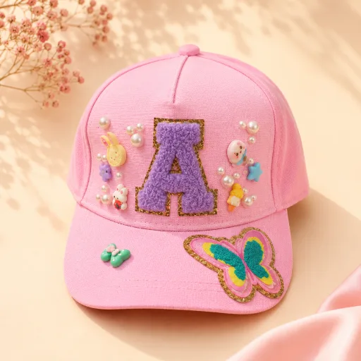 Kids Initial Cap with extra pearls and charms | Custom Name Cap for Boys & Girls Age: 5-12, 16, Color: Pink