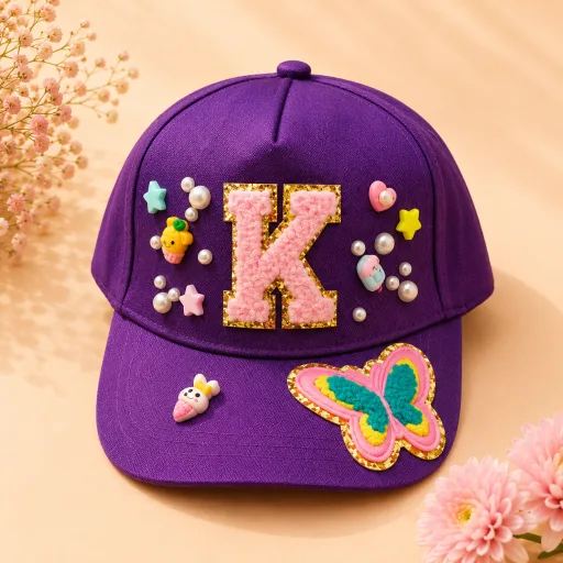 Kids Initial Cap with extra pearls and charms | Custom Name Cap for Boys & Girls Age: 1-4, Color: Purple