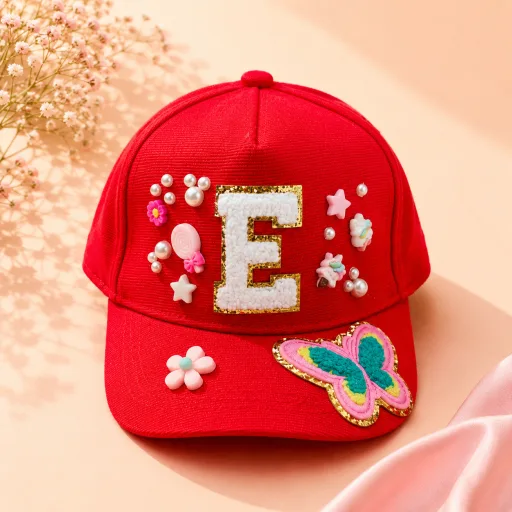 Kids Initial Cap with extra pearls and charms | Custom Name Cap for Boys & Girls Age: 5-12, 16, Color: Red